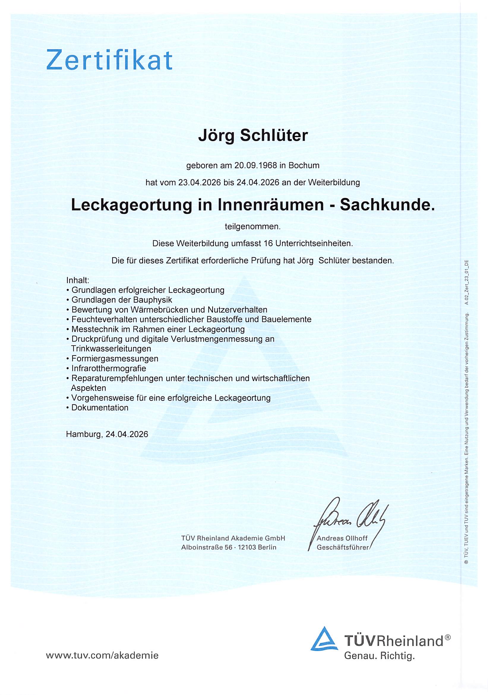 TUV-Zertifikat Leckageortung