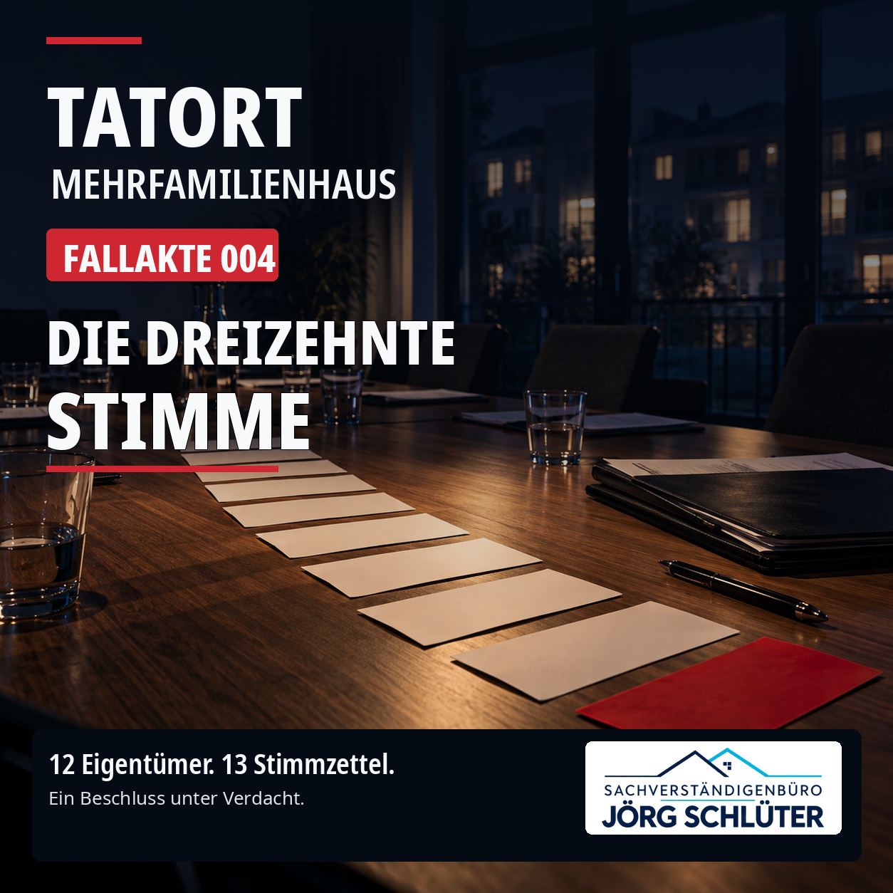Fallakte 004: n&auml;chtlicher Versammlungsraum mit Stimmkarten und der &Uuml;berschrift Die dreizehnte Stimme